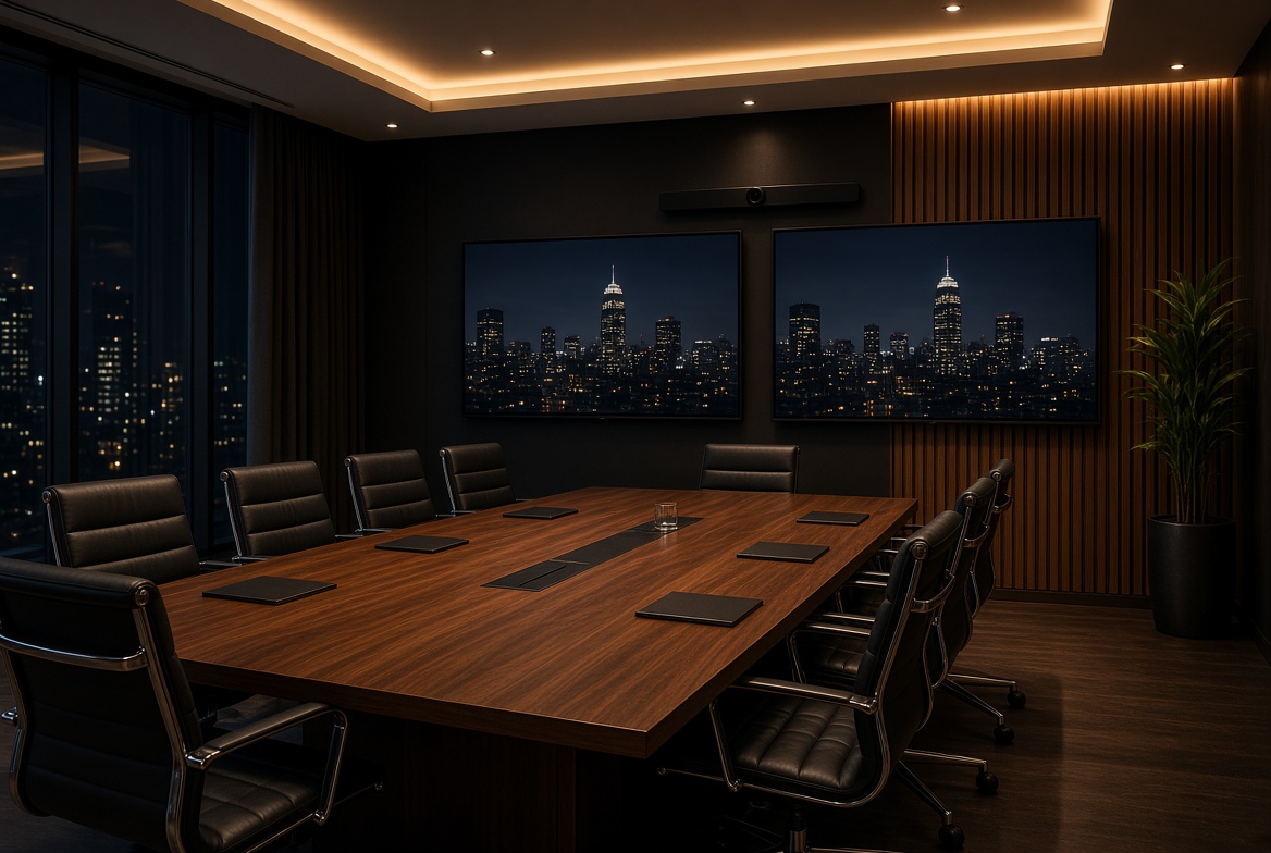 Executive boardroom with dual displays and cove lighting