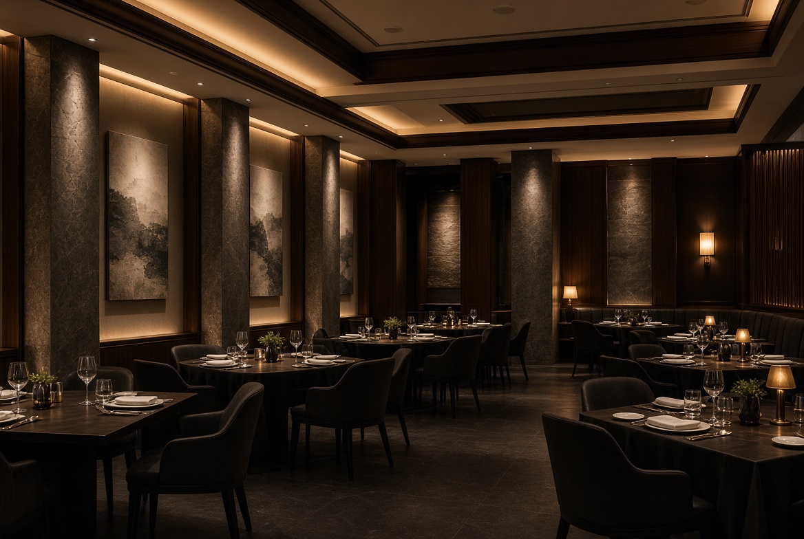 Hospitality dining room with layered architectural lighting