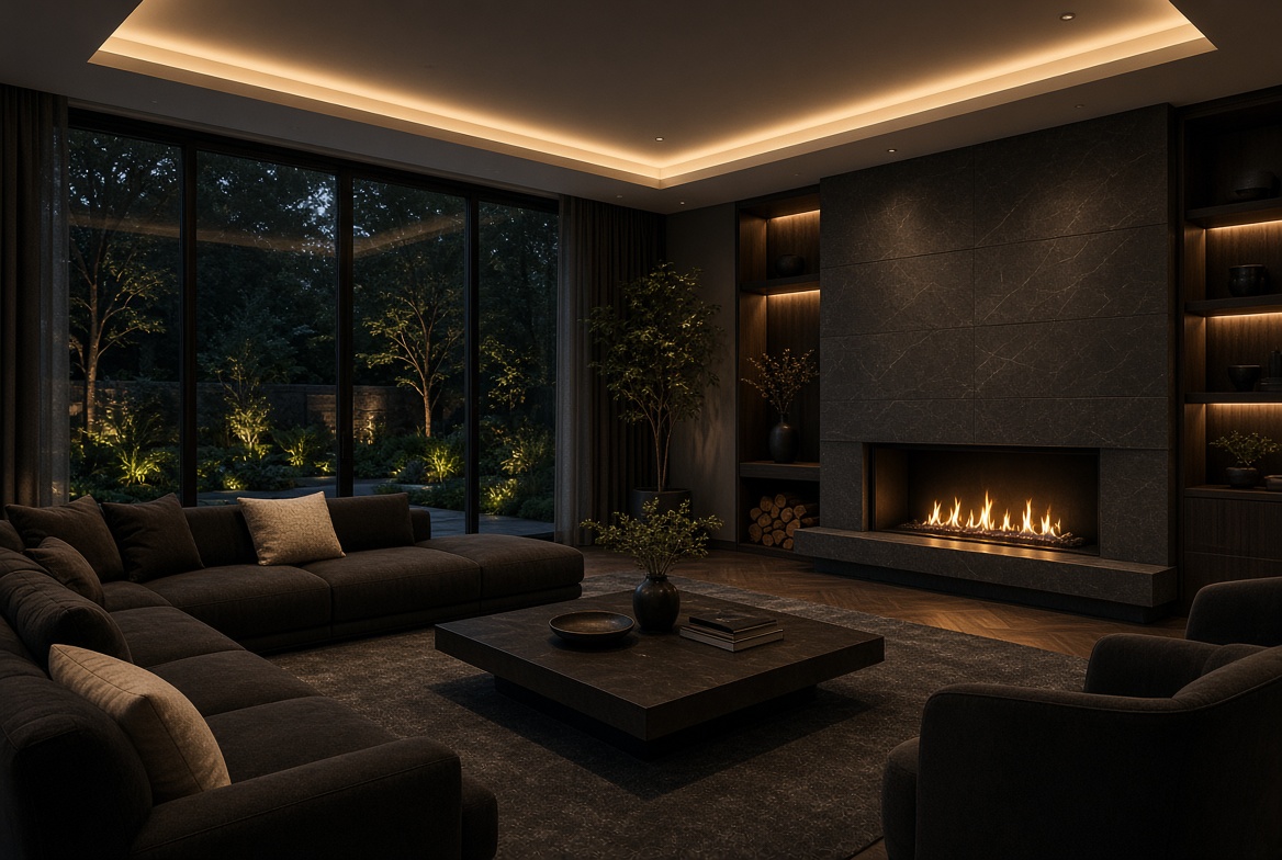 Evening living room with fireplace and cove lighting