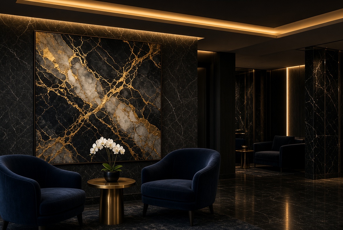 Dark marble hospitality lobby with cove lighting