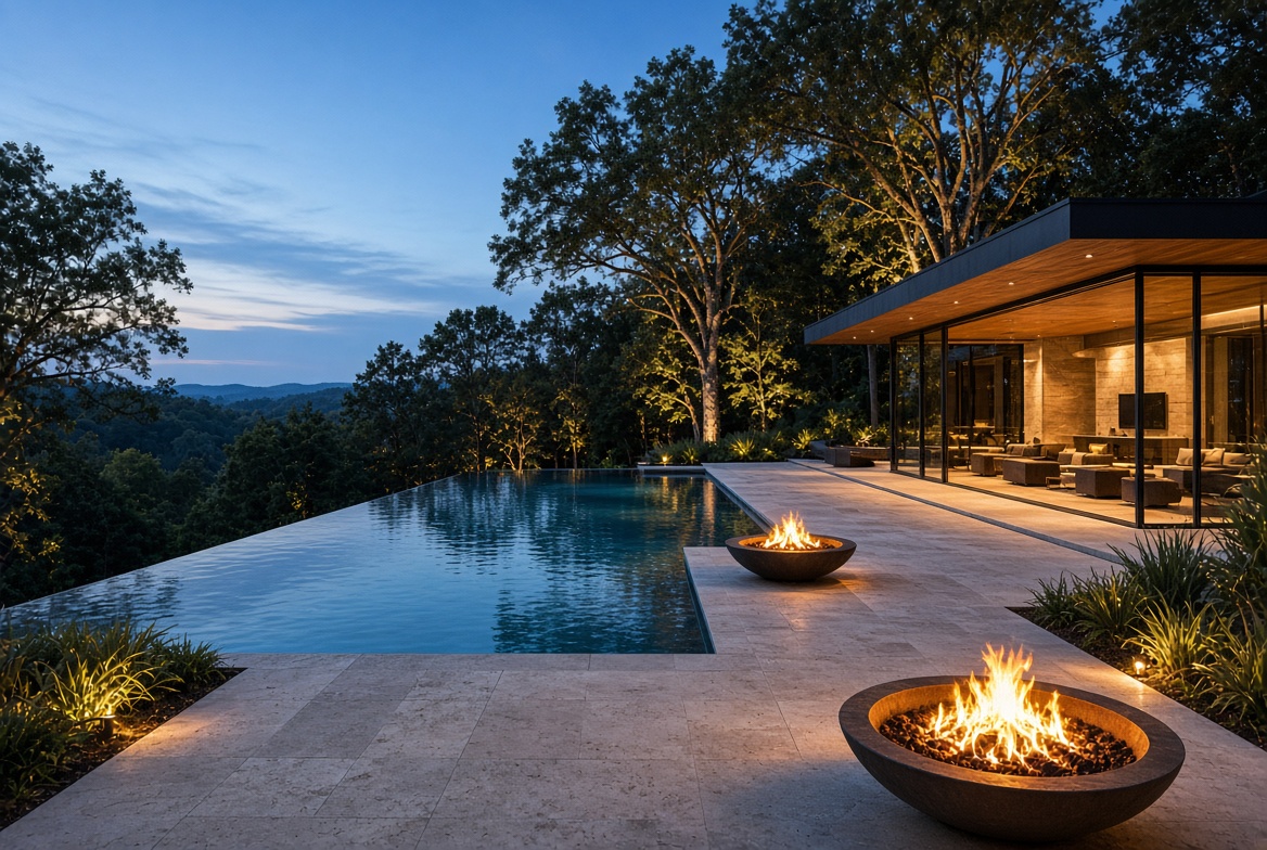 Infinity pool and fire bowls at dusk