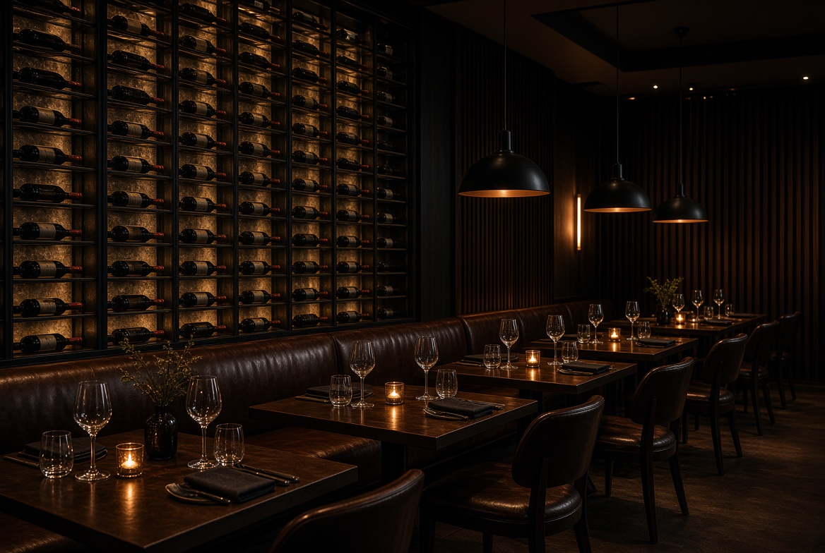 Restaurant interior with wine wall and scene lighting