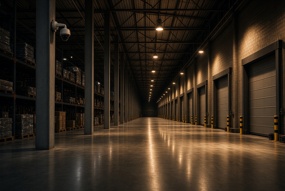 Warehouse aisle with cameras, dock doors, and warm industrial lighting